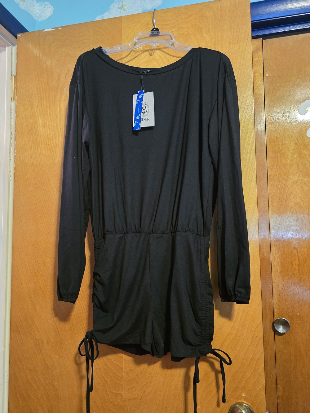 Cider Off-Shoulder Drawstring Ruched Romper Black NWT